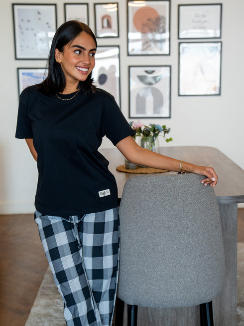 Women summer pajama set Black Tee + Black X White Glen Plaid Pants
